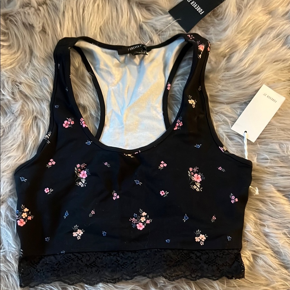 🆕Black Floral Lace Trim Crop Top